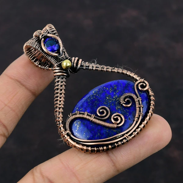 Lapis Lazuli Oval Blue Handmade Copper Wire Wrapped Pendant
