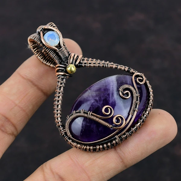 Chevron Amethyst Oval Purple Handmade Copper Wire Wrapped Pendant