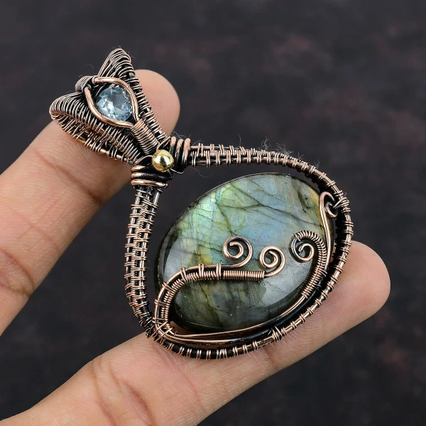 Labradorite Oval Gray Handmade Copper Wire Wrapped Pendant