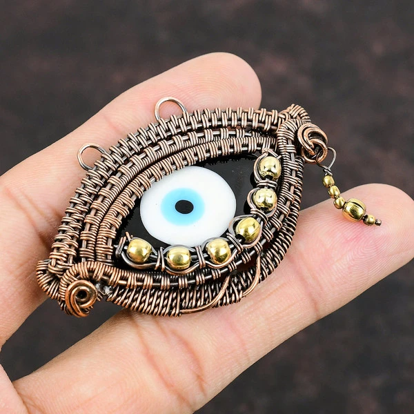 Black Color Evil Eye Marquise Black Handmade Copper Wire Wrapped Pendant