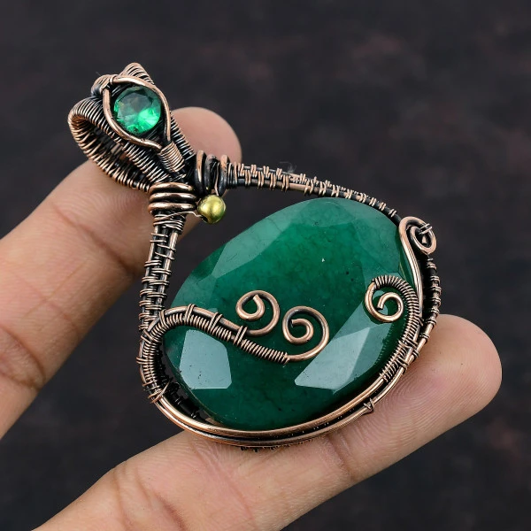 Zambian Emerald Oval Green Handmade Copper Wire Wrapped Pendant