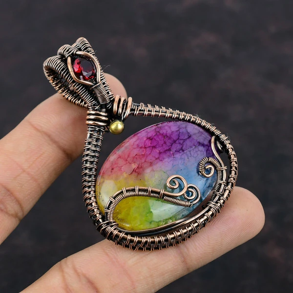 Rainbow Solar Quartz Druzy Oval Pink Handmade Copper Wire Wrapped Pendant