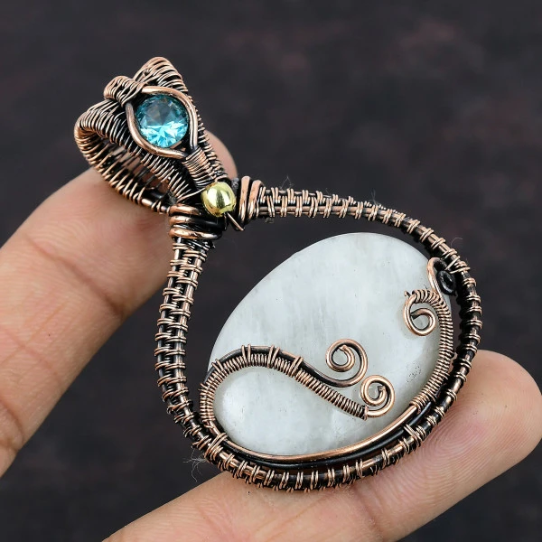 Rainbow Moonstone Oval White Handmade Copper Wire Wrapped Pendant