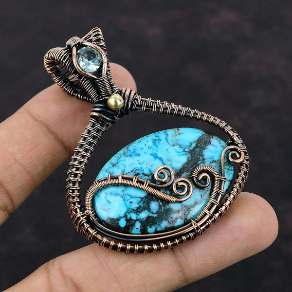 Tibetan Turquoise Oval Blue Handmade Copper Wire Wrapped Pendant