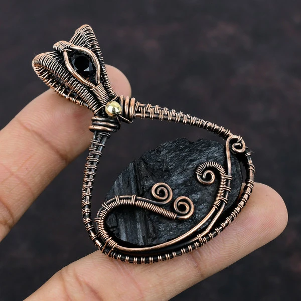Black Tourmaline Rough Oval Black Handmade Copper Wire Wrapped Pendant