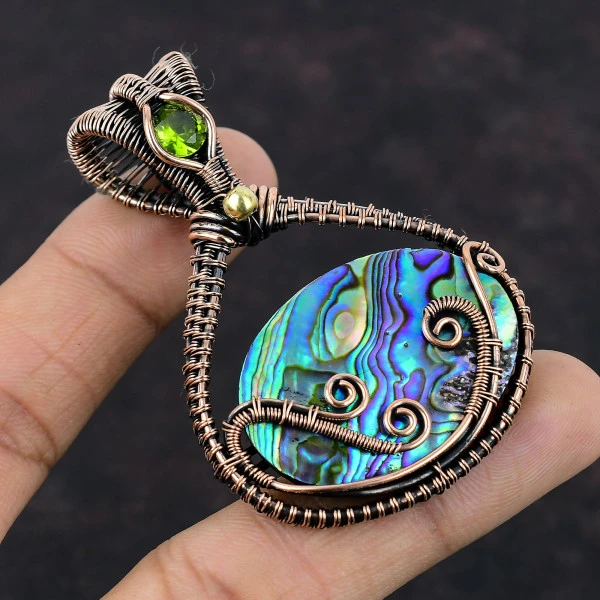 Abalone Shell Oval Green Handmade Copper Wire Wrapped Pendant