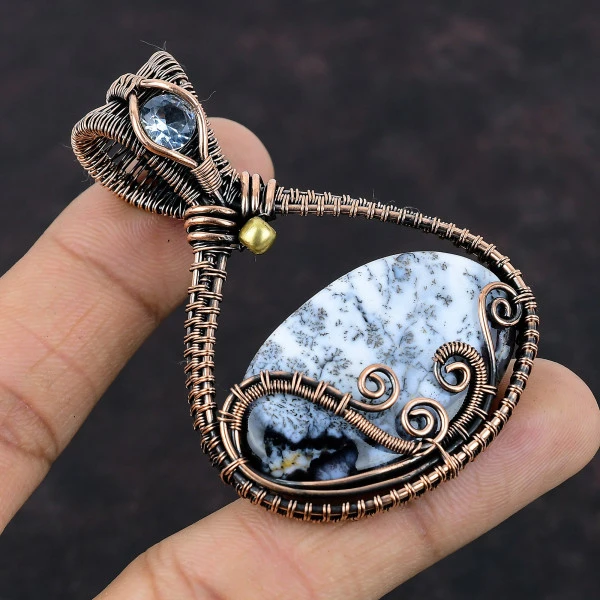Dendrite Opal Oval White Handmade Copper Wire Wrapped Pendant