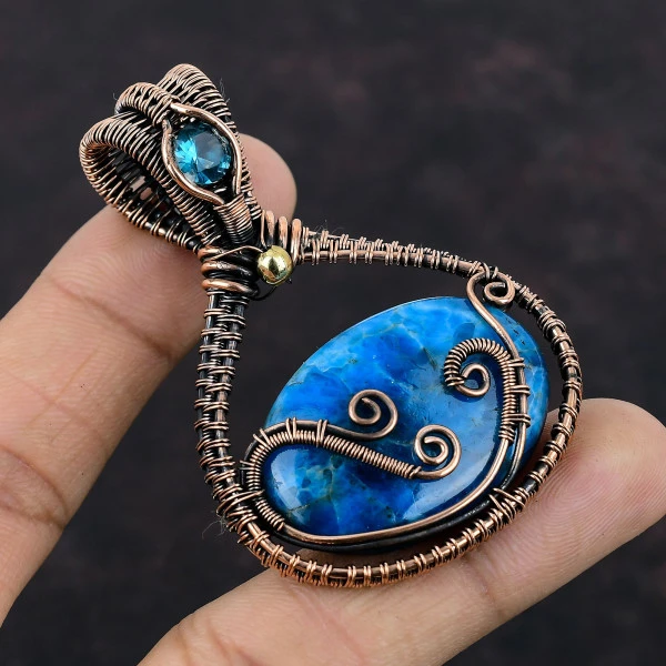 Neon Apatite Oval Blue Handmade Copper Wire Wrapped Pendant