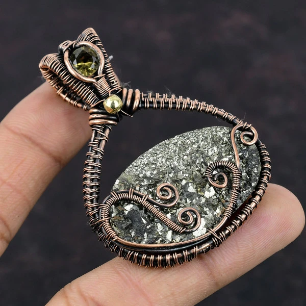 Golden Druzy Oval Gold Handmade Copper Wire Wrapped Pendant
