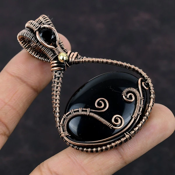 Black Onyx Oval Black Handmade Copper Wire Wrapped Pendant