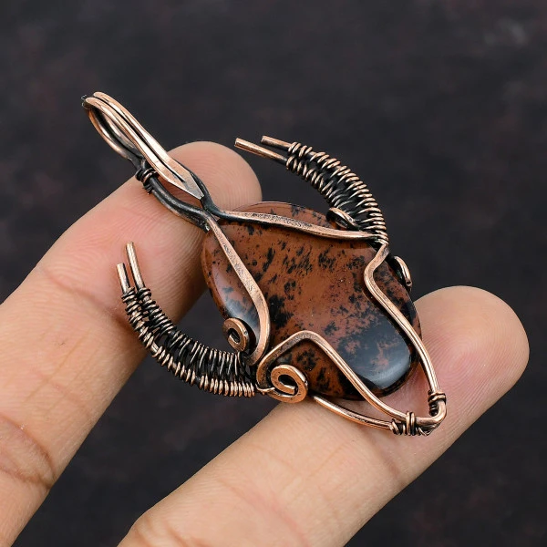 Mahogany Obsidian Oval Red Handmade Copper Wire Wrapped Pendant