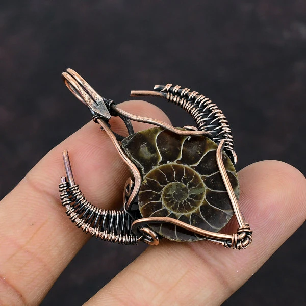 Ammonite Fossil Pear Brown Handmade Copper Wire Wrapped Pendant