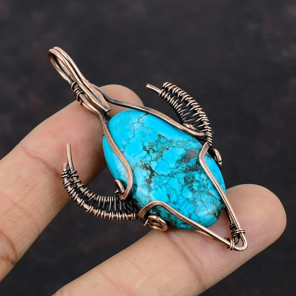 Tibetan Turquoise Oval Blue Handmade Copper Wire Wrapped Pendant