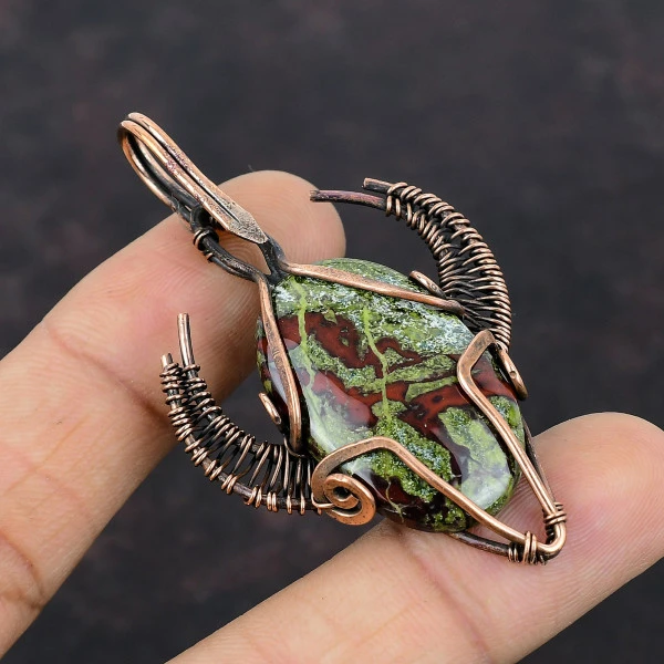 Dragon Bloodstone Oval Green Handmade Copper Wire Wrapped Pendant