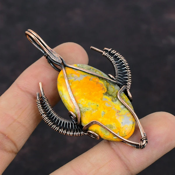 Bumble Bee Jasper Oval Yellow Handmade Copper Wire Wrapped Pendant