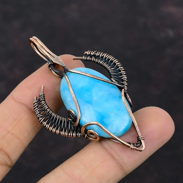 Hemimorphite Oval Blue Handmade Copper Wire Wrapped Pendant