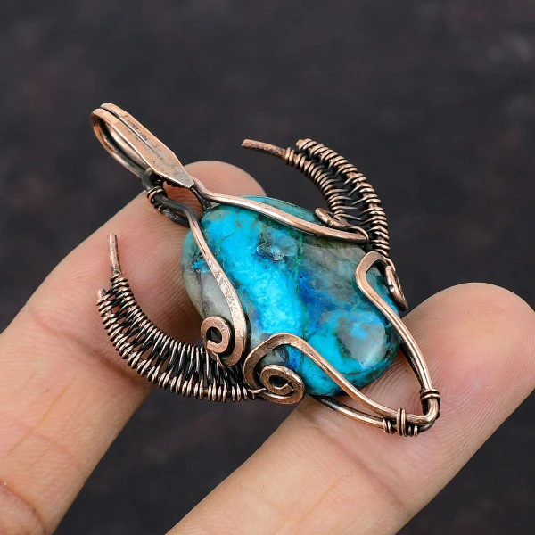 Chrysocolla Oval Blue Handmade Copper Wire Wrapped Pendant