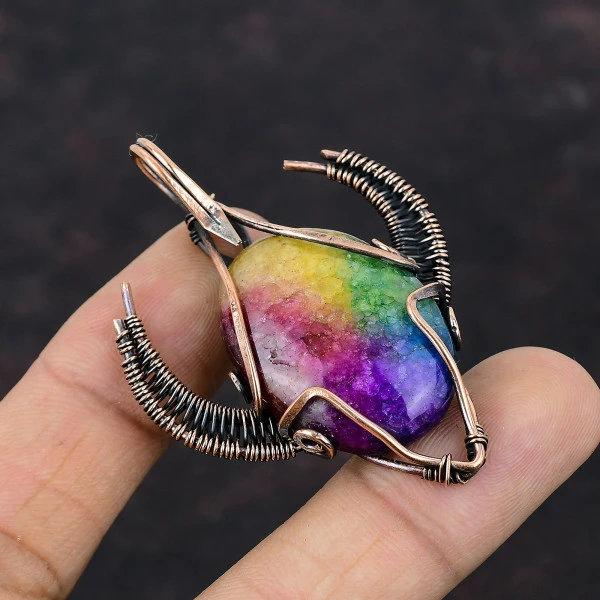 Rainbow Solar Quartz Druzy Oval Yellow Handmade Copper Wire Wrapped Pendant