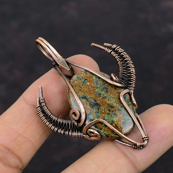 Spessartine Garnet in Limestone Oval Green Handmade Copper Wire Wrapped Pendant
