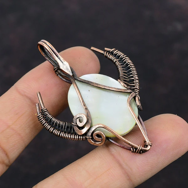 Mother Of Pearl Oval White Handmade Copper Wire Wrapped Pendant