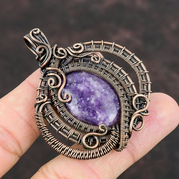 Lepidolite Oval Purple Handmade Copper Wire Wrapped Pendant