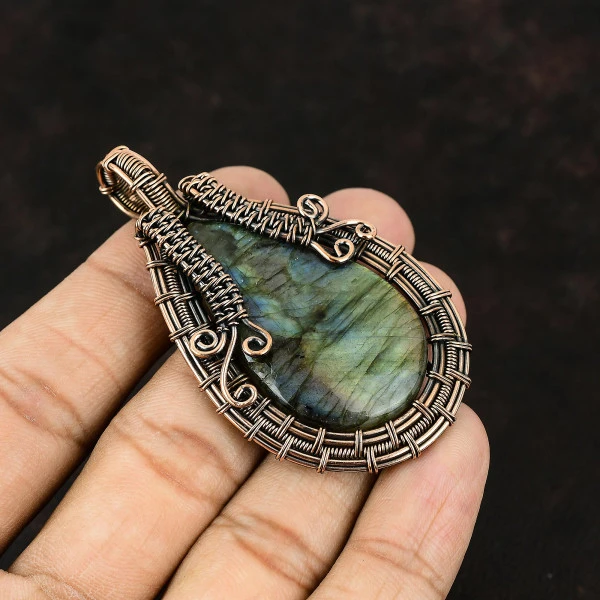 Labradorite Pear Green Handmade Copper Wire Wrapped Pendant