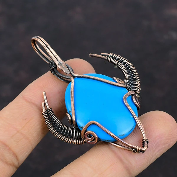 Sleeping Beauty Turquoise Oval Blue Handmade Copper Wire Wrapped Pendant