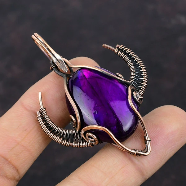 Purple Fire Labradorite Oval Purple Handmade Copper Wire Wrapped Pendant