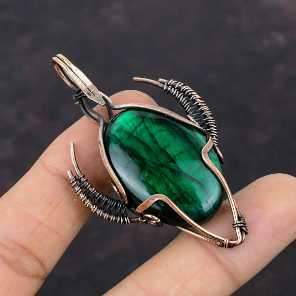 Green Fire Labradorite Oval Green Handmade Copper Wire Wrapped Pendant