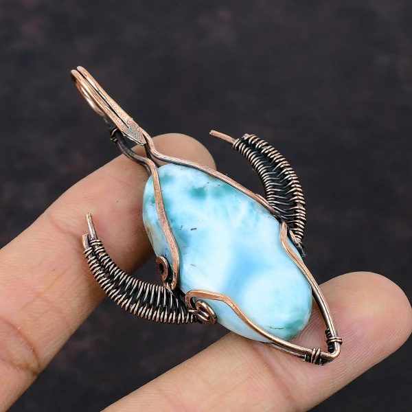 Larimar Oval Blue Handmade Copper Wire Wrapped Pendant
