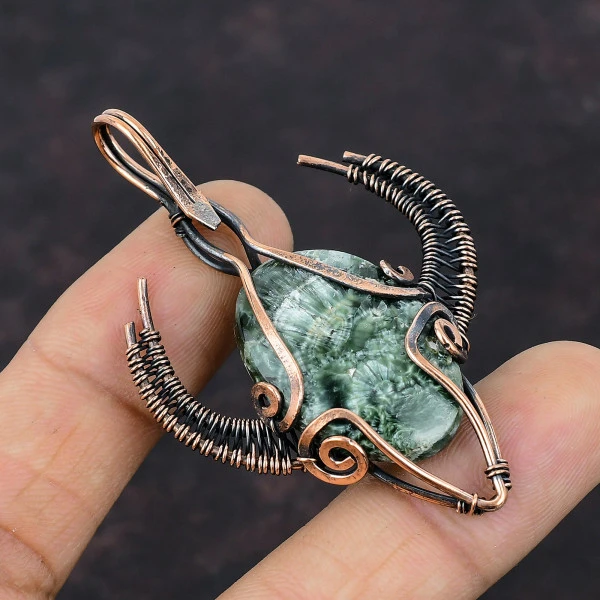 Seraphinite Oval Green Handmade Copper Wire Wrapped Pendant