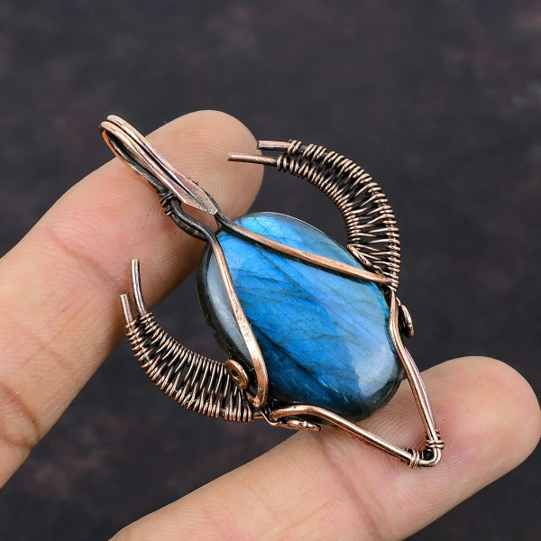 Labradorite Oval Blue Handmade Copper Wire Wrapped Pendant