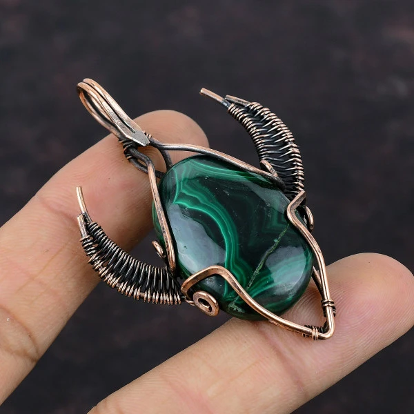 Malachite Oval Green Handmade Copper Wire Wrapped Pendant