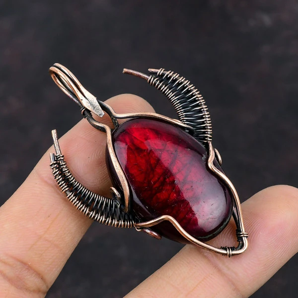 Red Fire Labradorite Oval Red Handmade Copper Wire Wrapped Pendant