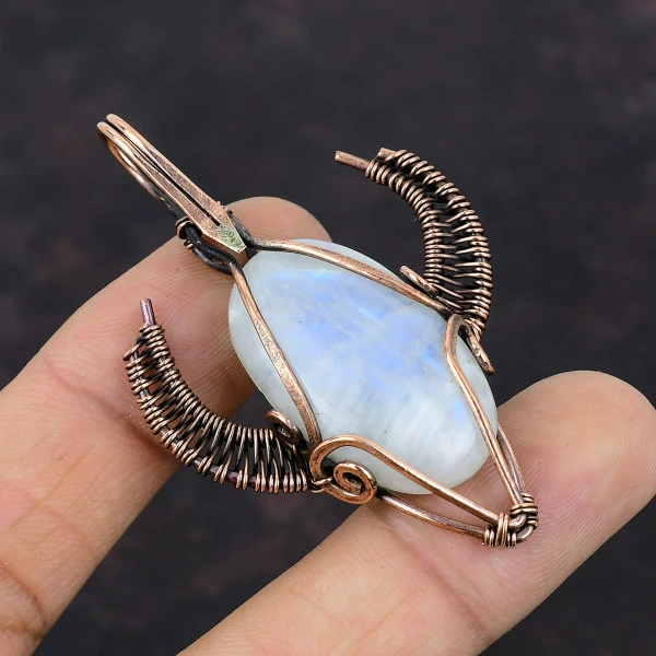 Rainbow Moonstone Oval White Handmade Copper Wire Wrapped Pendant