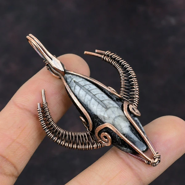 Orthoceras Fossil Marquise Gray Handmade Copper Wire Wrapped Pendant