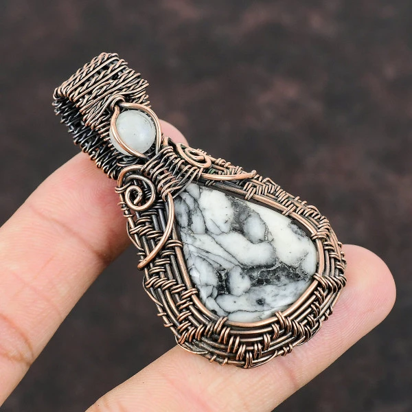 Pinolith Jasper Pear White Handmade Copper Wire Wrapped Pendant
