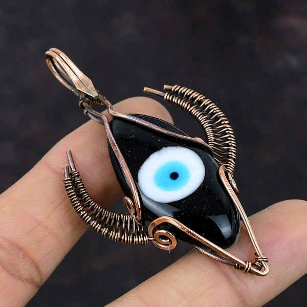 Black Color Evil Eye Marquise Black Handmade Copper Wire Wrapped Pendant