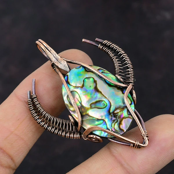 Abalone Shell Oval Green Handmade Copper Wire Wrapped Pendant