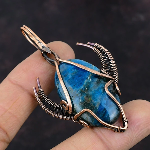Neon Apatite Oval Blue Handmade Copper Wire Wrapped Pendant