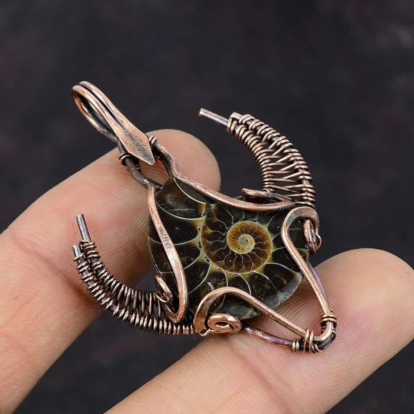 Ammonite Fossil Pear Brown Handmade Copper Wire Wrapped Pendant