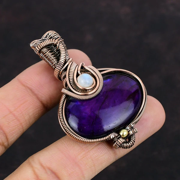 Purple Fire Labradorite & Rainbow Moonstone Pendant – Handmade Copper Wire Wrapped Gemstone Jewelry