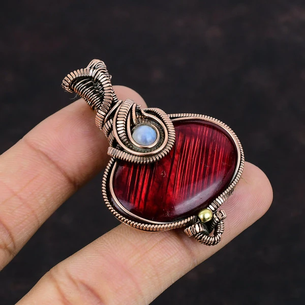 Red Fire Labradorite Oval Red Handmade Copper Wire Wrapped Pendant