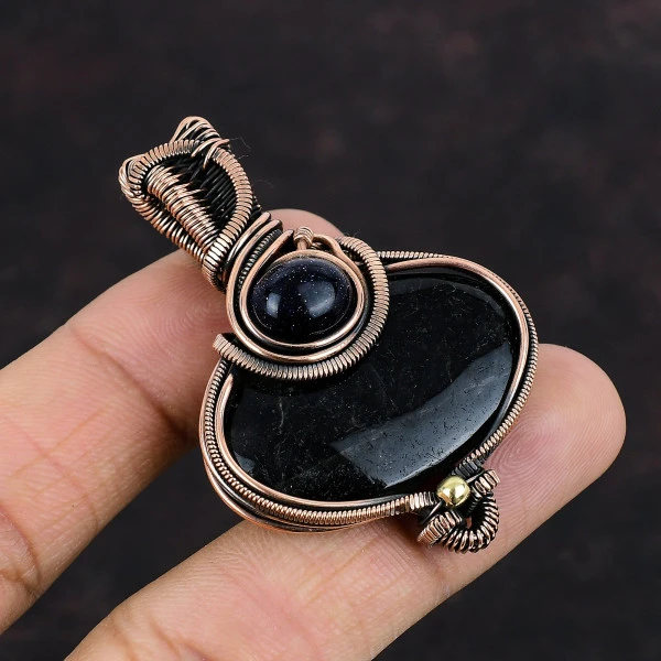 Black Rutile Oval Black Handmade Copper Wire Wrapped Pendant