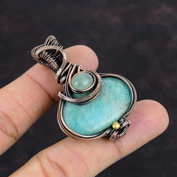 Amazonite Oval Green Handmade Copper Wire Wrapped Pendant