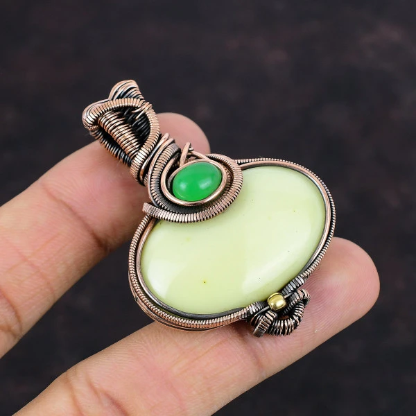 Serpentine Oval Green Handmade Copper Wire Wrapped Pendant