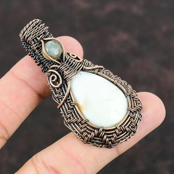 Lemon Chrysoprase Pear Green Handmade Copper Wire Wrapped Pendant