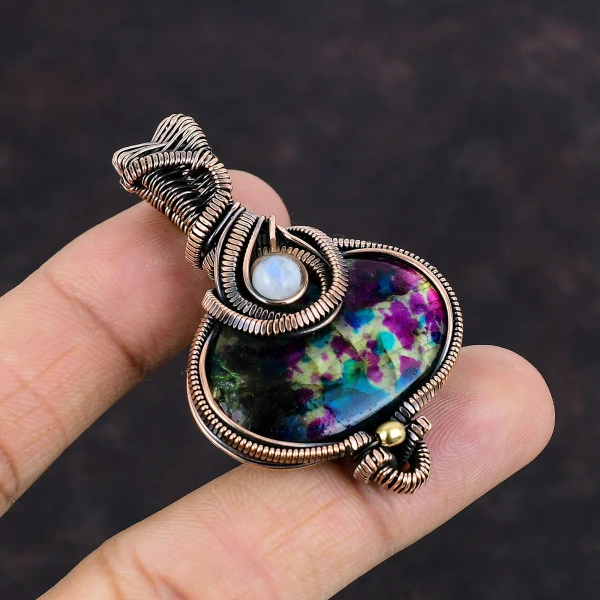 Multi Fire Labradorite Oval Pink Handmade Copper Wire Wrapped Pendant