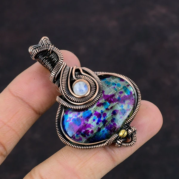 Multi Fire Labradorite Oval Pink Handmade Copper Wire Wrapped Pendant