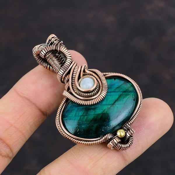Dark Green Fire Labradorite Oval Green Handmade Copper Wire Wrapped Pendant
